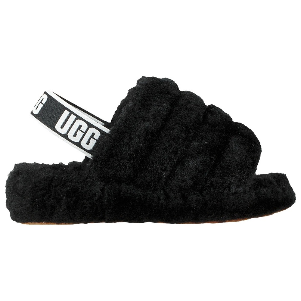 UGG Fluff Yeah Faux Fur Slingback Sandals - Black, Size 9